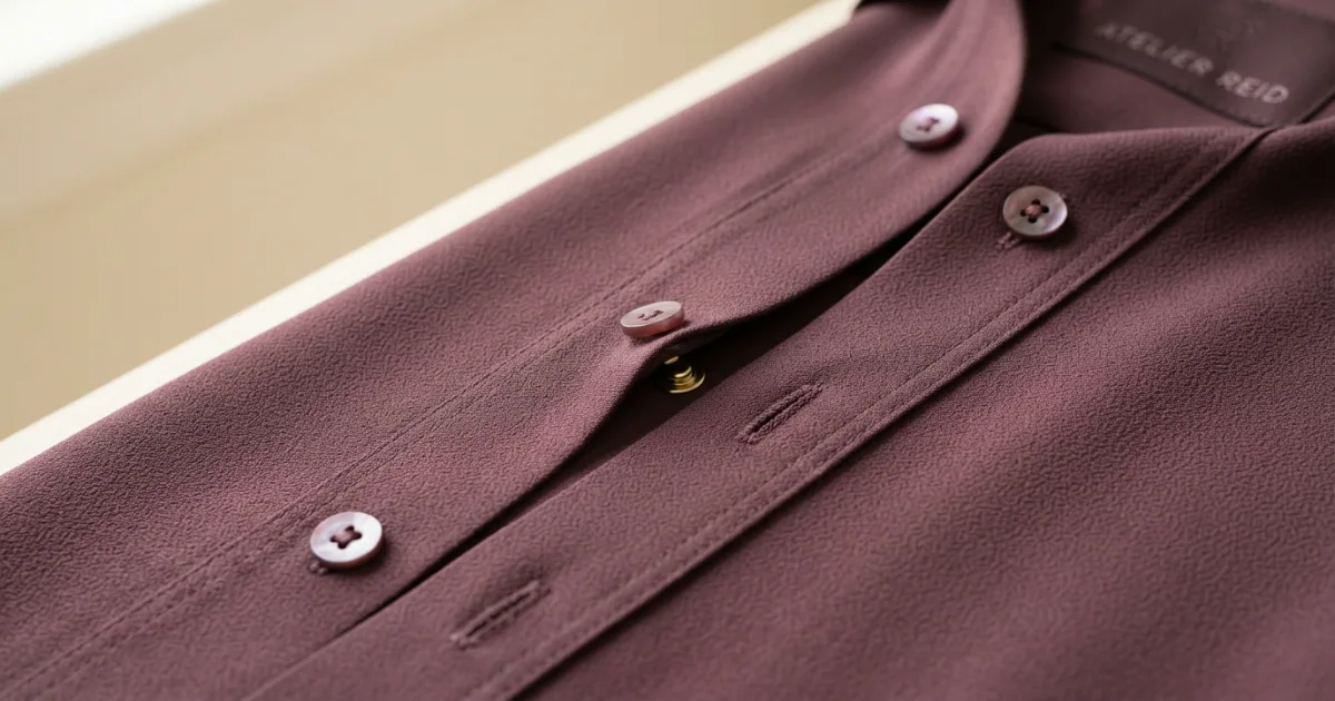 Close detail showing bust circumference, button spacing, placket reinforcement and front length