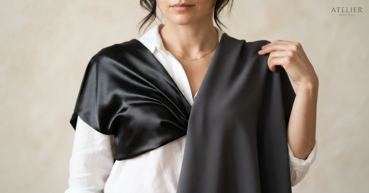 Close detail showing value contrast, color placement, surface shine and garment fit