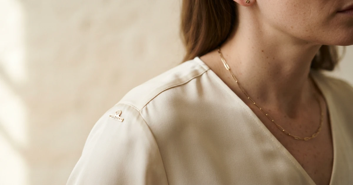 Close detail showing shoulder seam placement, neckline direction, sleeve volume and lower-body balance
