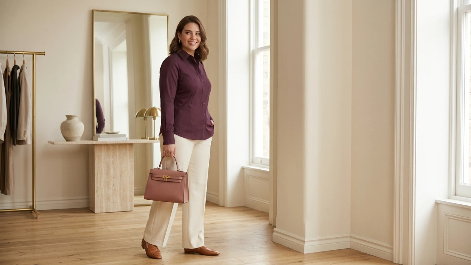 Woman wearing a softly tailored mulberry button-down with a flat placket and clean shoulder fit