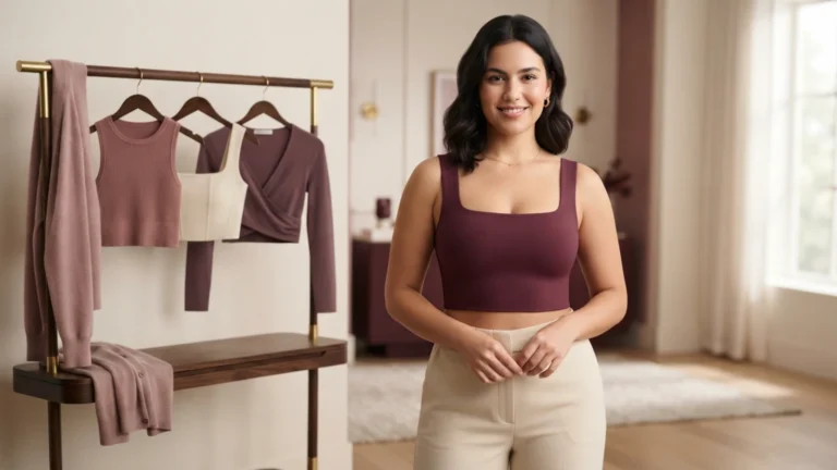 Best crop tops for a large bust with secure neckline, shaped bust room, balanced front length and stable hem