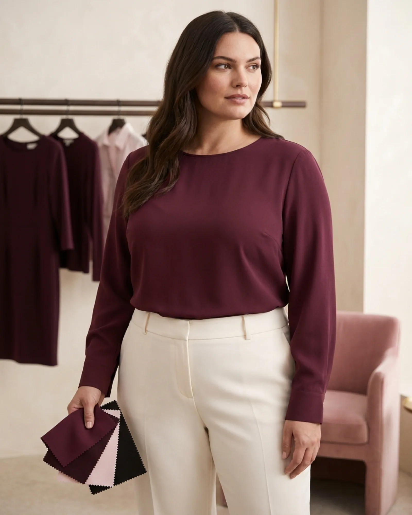 Editorial fashion example for fabric behavior over a fuller bust