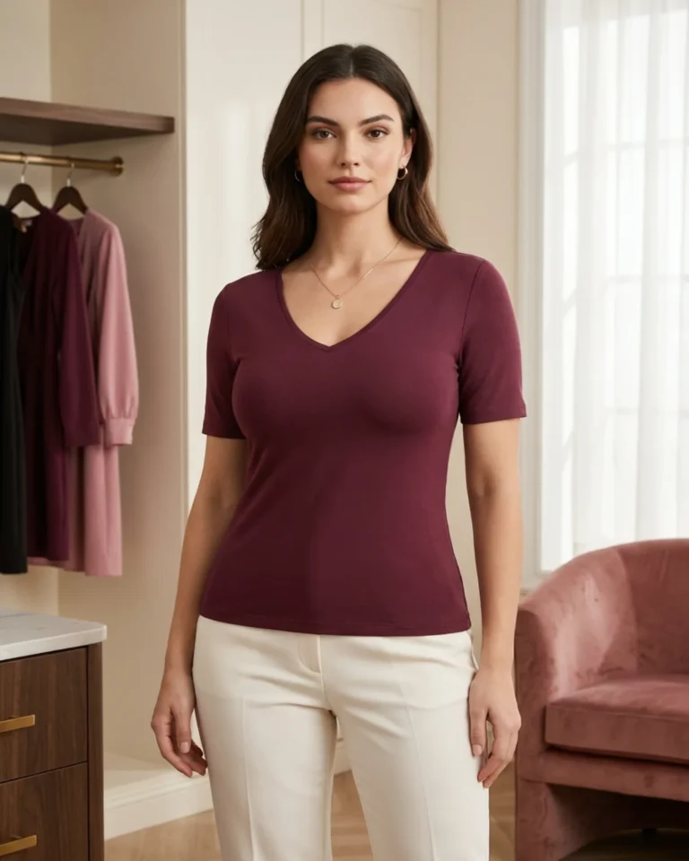 Best necklines for a large bust shown with a stable medium V-neck outfit