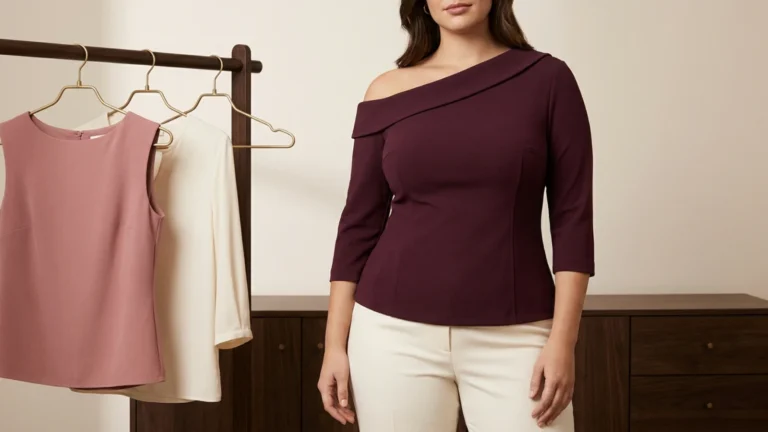 Best one-shoulder tops for a large bust with a secure asymmetric neckline, shaped bust room and high side coverage