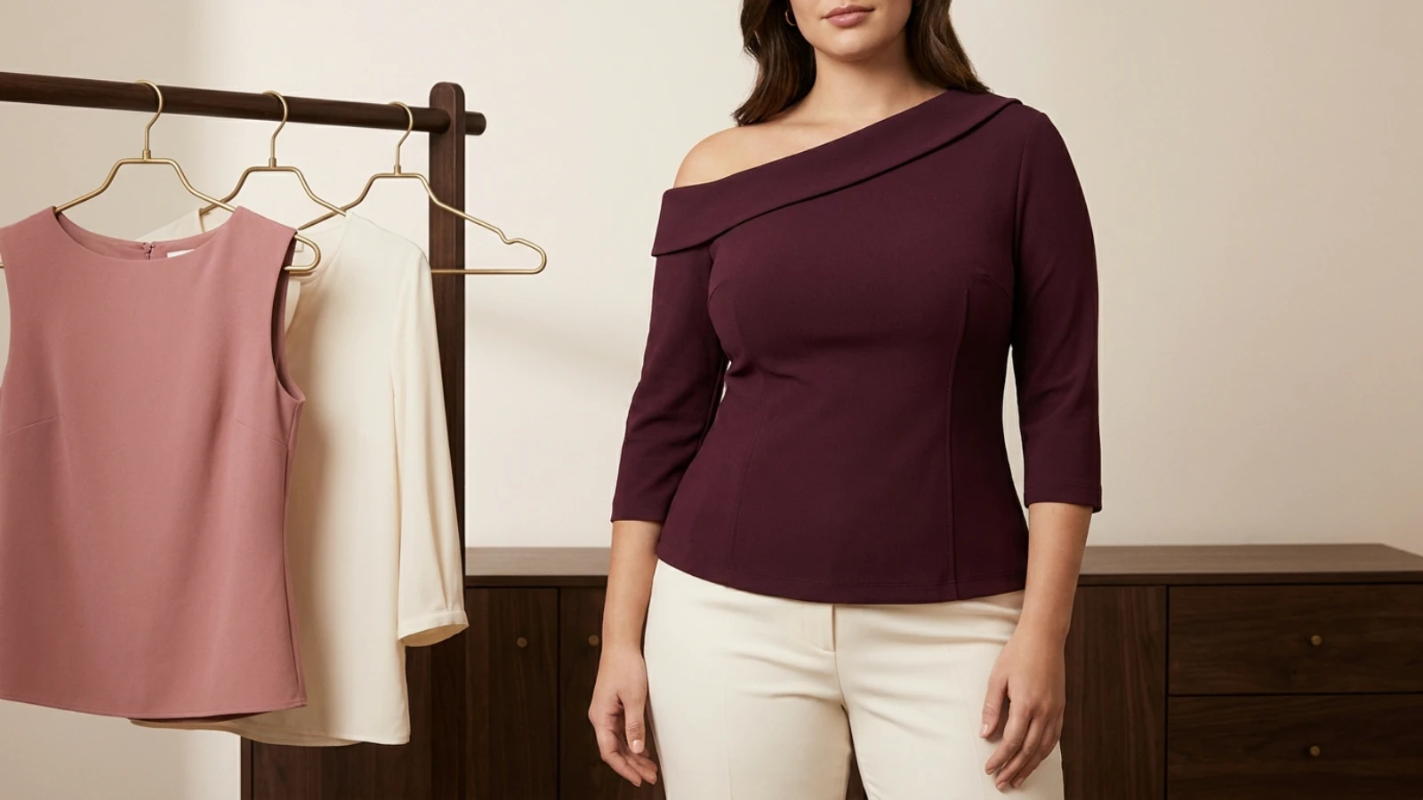Best one-shoulder tops for a large bust with secure asymmetric necklines, shaped fronts, high side coverage, and balanced support