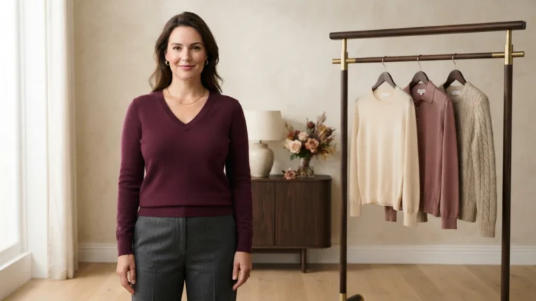 Best sweaters for a large bust with stable V-neckline, smooth knit drape, aligned shoulders and balanced front hem