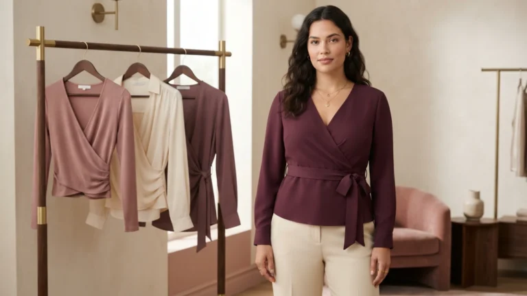 Best wrap tops for a large bust with secure crossover coverage, shaped bust room and correctly placed waist tie