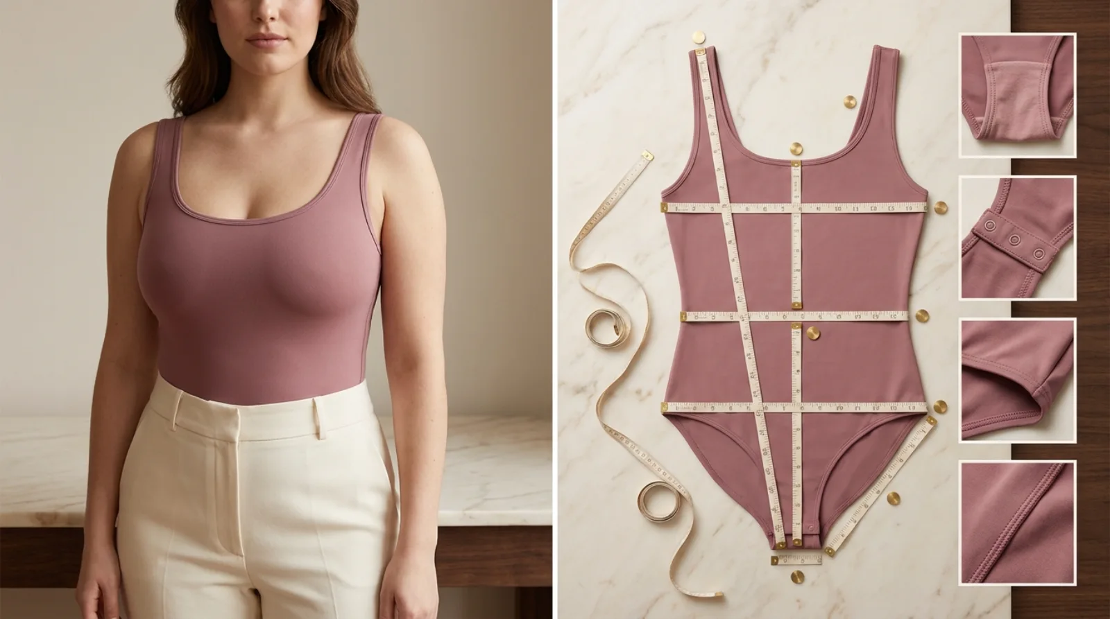 Bodysuit fabric recovery opacity and stretch-direction test for a fuller bust