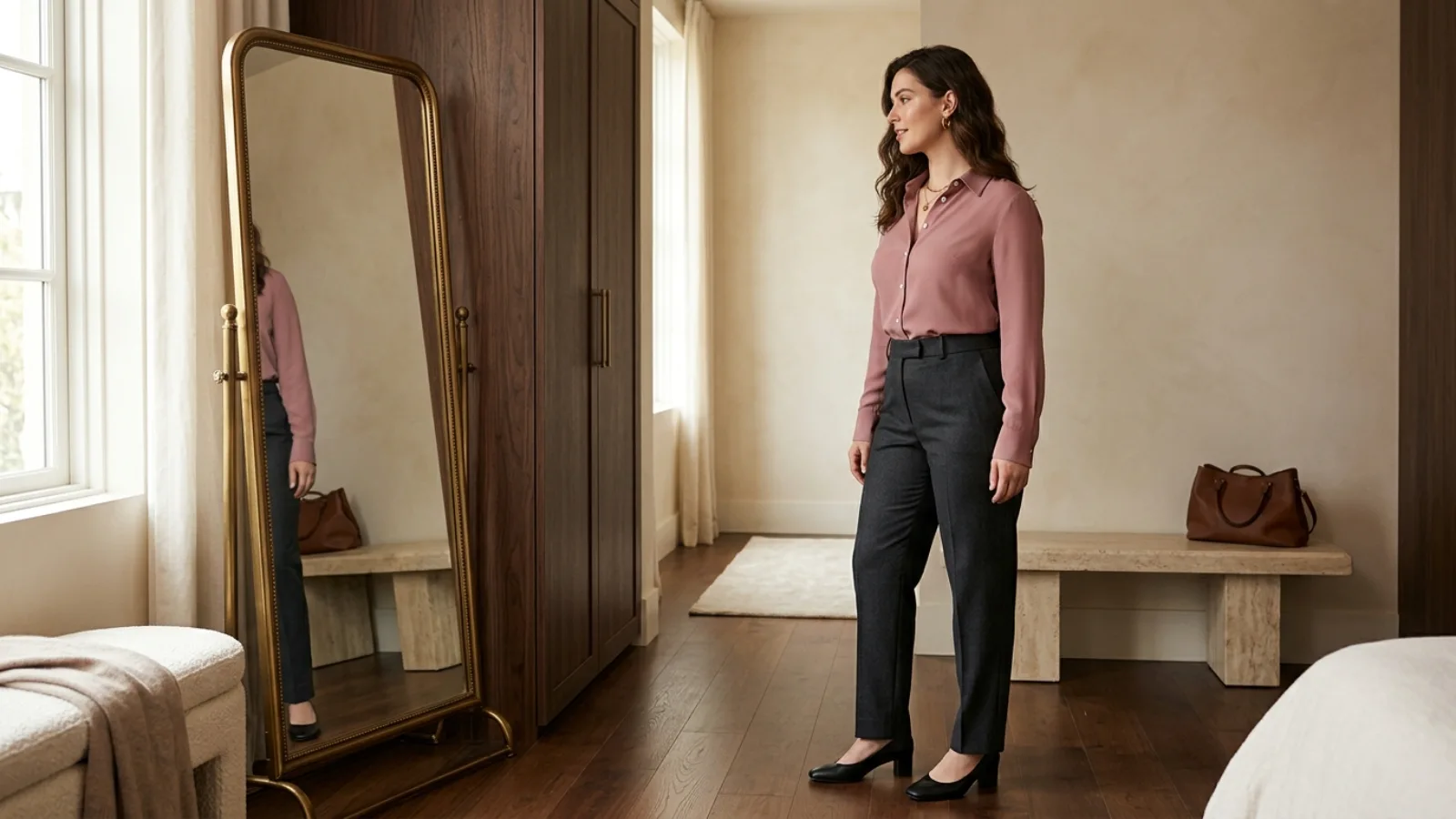 Side-view fitting check showing a correctly placed bust dart and level shirt hem