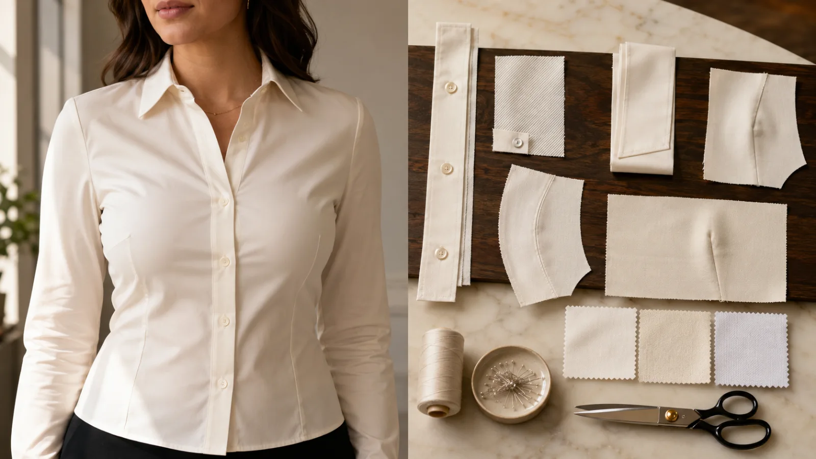 Close view of a reinforced shirt placket, bust dart, hidden snap, and princess seam
