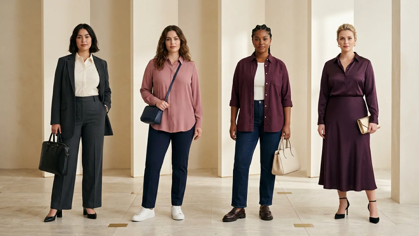 Three polished outfits built around a darted poplin shirt, a fluid button-up, and a relaxed oxford