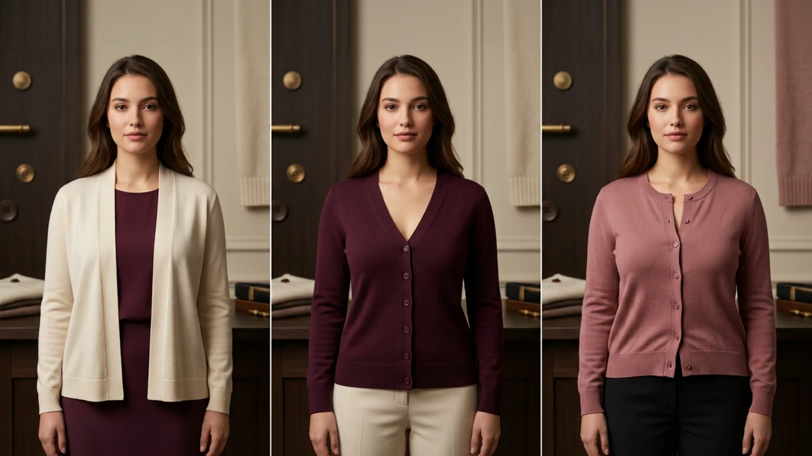 Cardigan button spacing, open-front edge, and bust-fit construction comparison