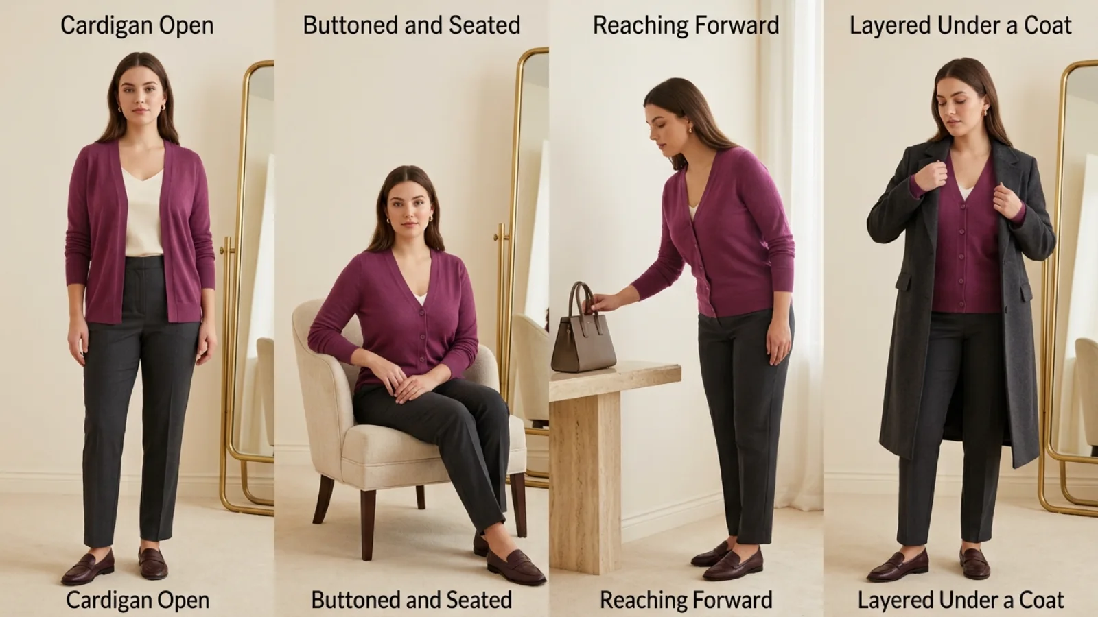 Best cardigans for a large bust tested while sitting, reaching, and layering