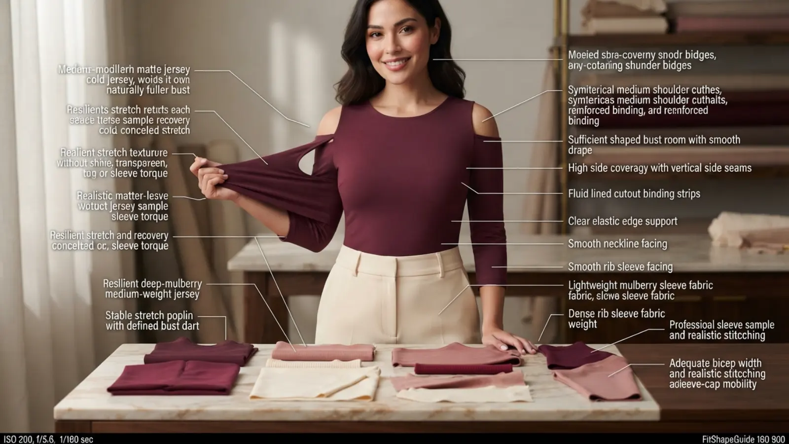 Online garment measurements for choosing a fuller-bust cold-shoulder top