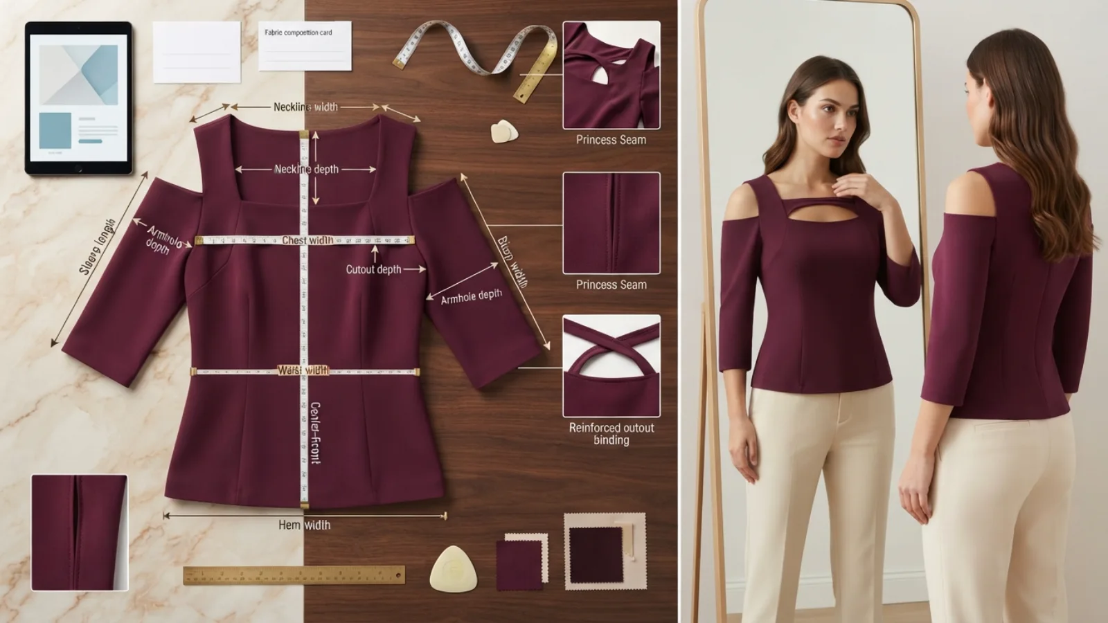 Cold-shoulder top sitting reaching and layering test for a large bust