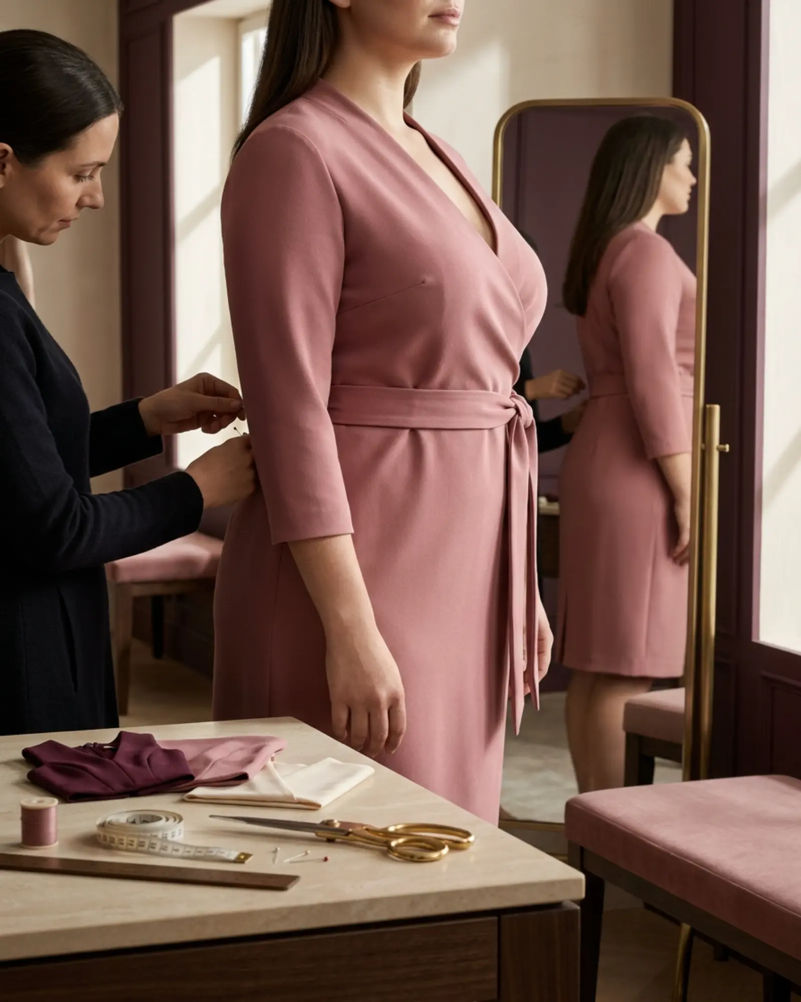 Close detail showing darting, princess seams, wrap overlap and controlled waist shaping