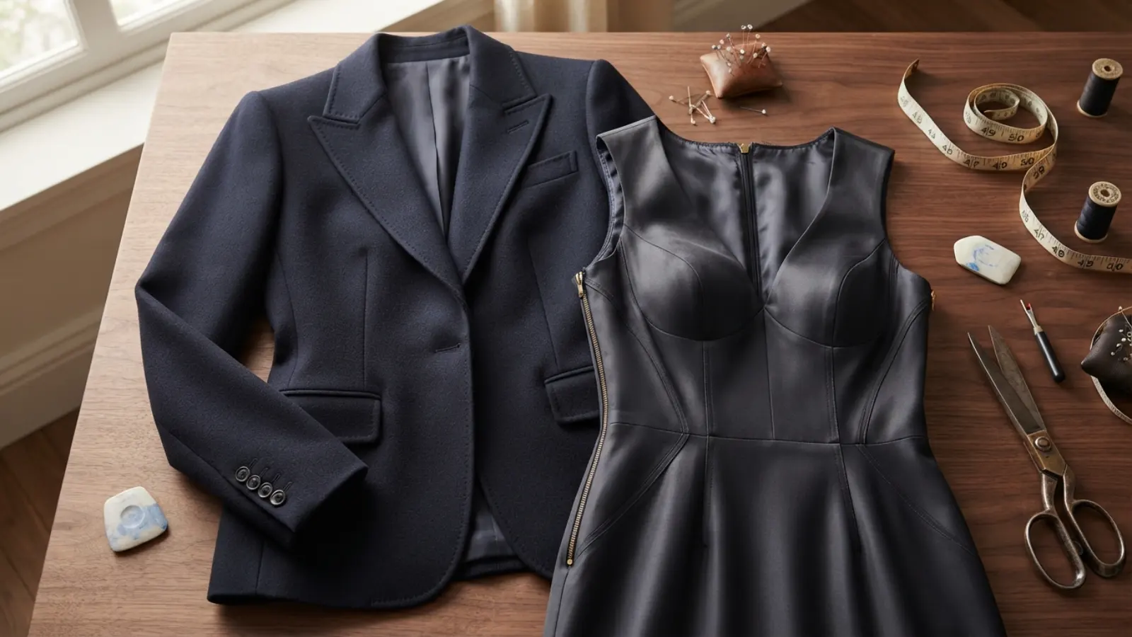 Close editorial view of clothing drape and fit