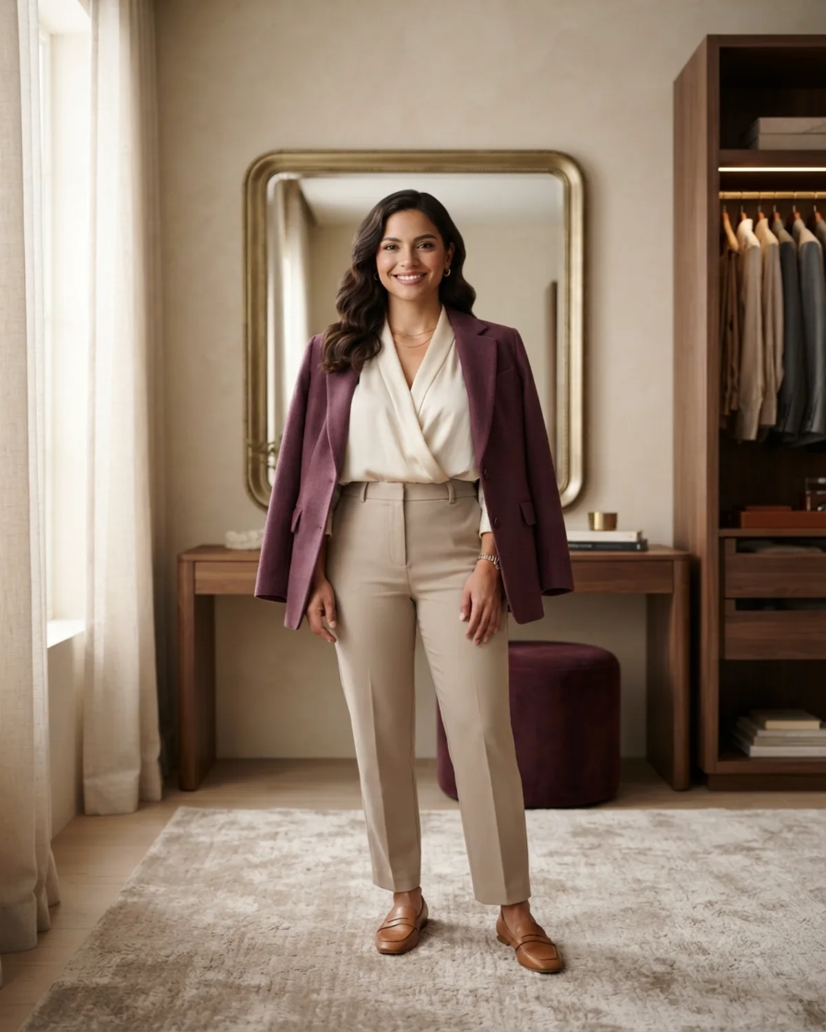 Woman in a polished fit-first outfit for FitShapeGuide