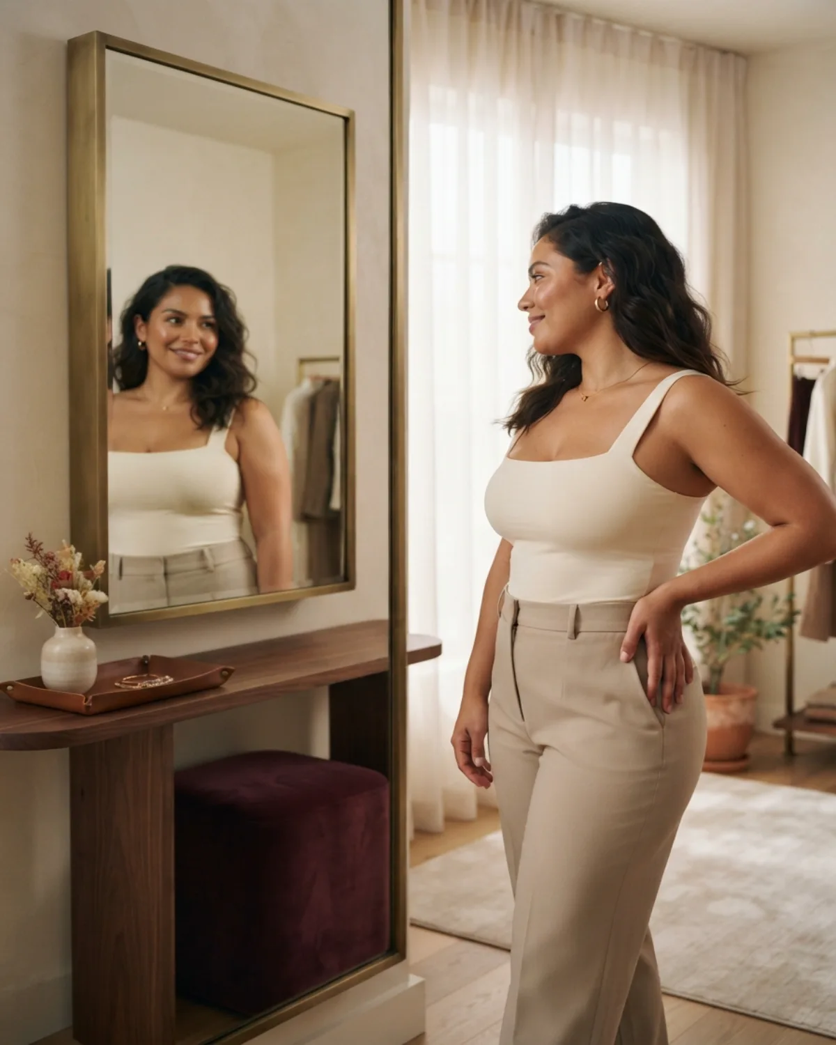 Neutral foundation garments arranged for outfit planning