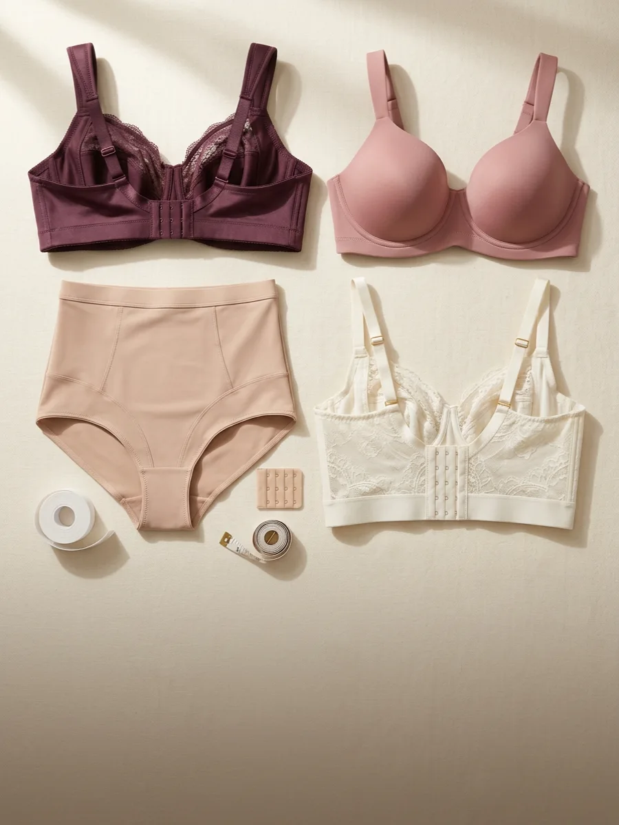 flat-lay of structured bras and shapewear