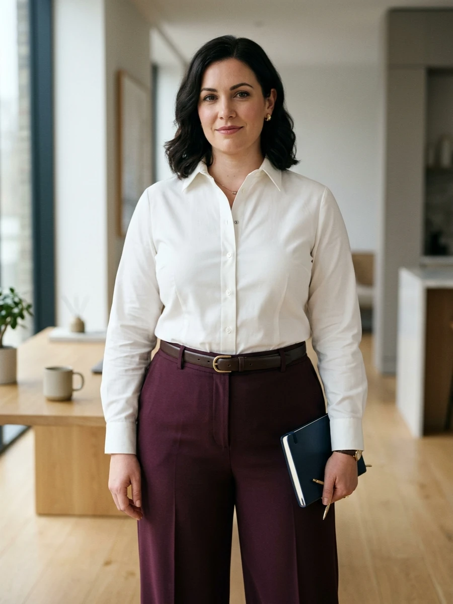 model in office-appropriate button-down and trousers