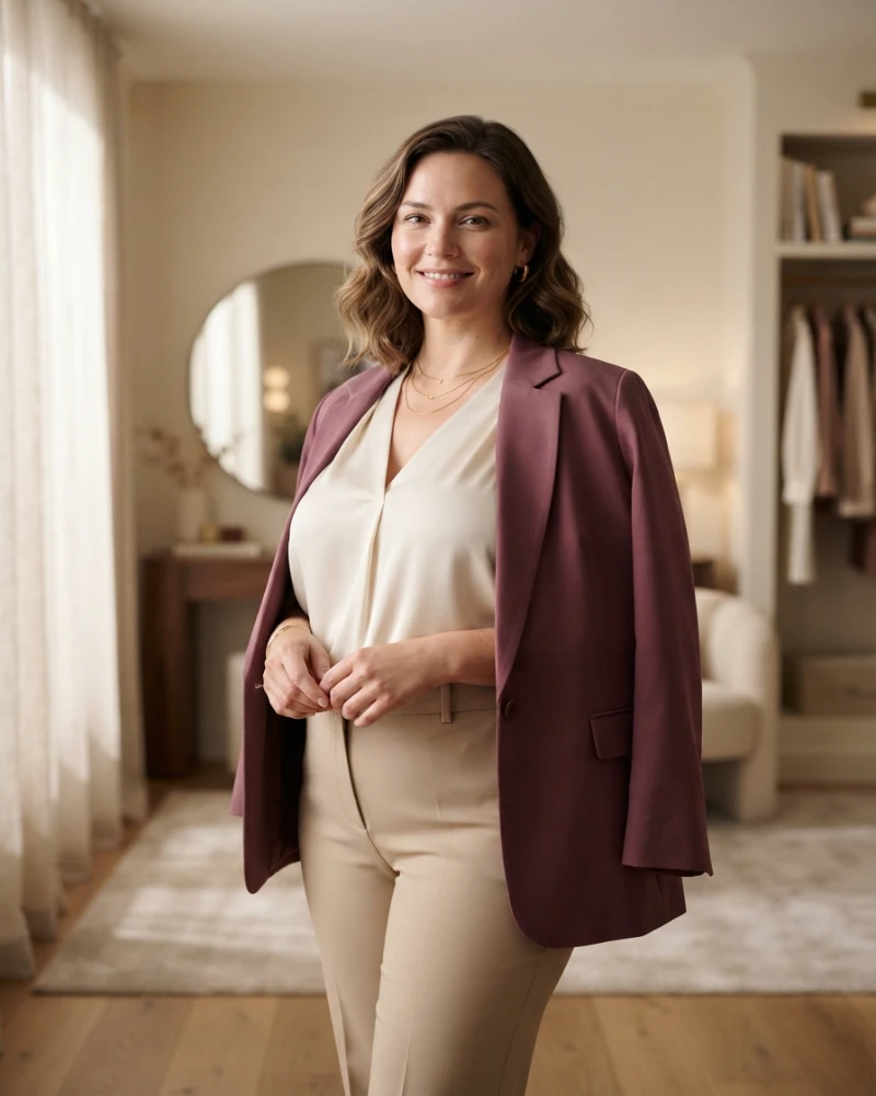 Woman wearing a fitted V-neck blouse