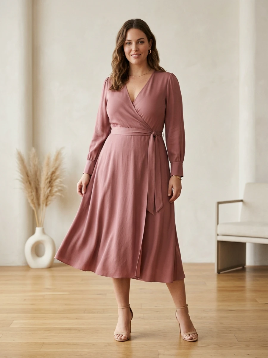 model wearing a wrap dress, full length