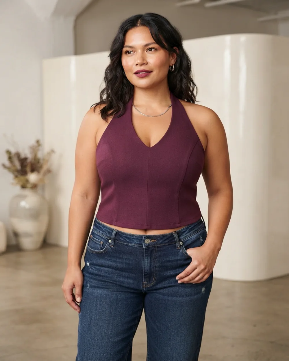  model wearing a Y2K-style halter top and low-rise jeans