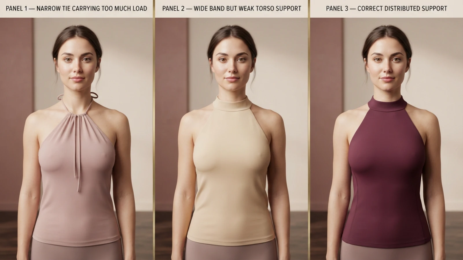 Wide and narrow halter neck straps compared for fuller-bust comfort
