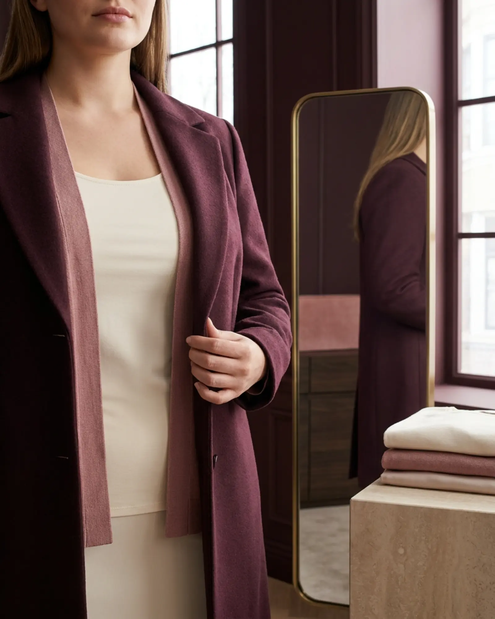 Close detail showing collar overlap, armhole room, layer thickness, closure and friction