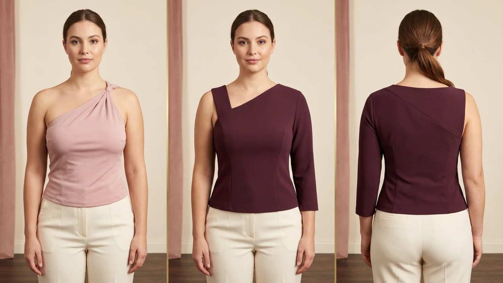 One-shoulder fabric recovery and asymmetric support test for a fuller bust