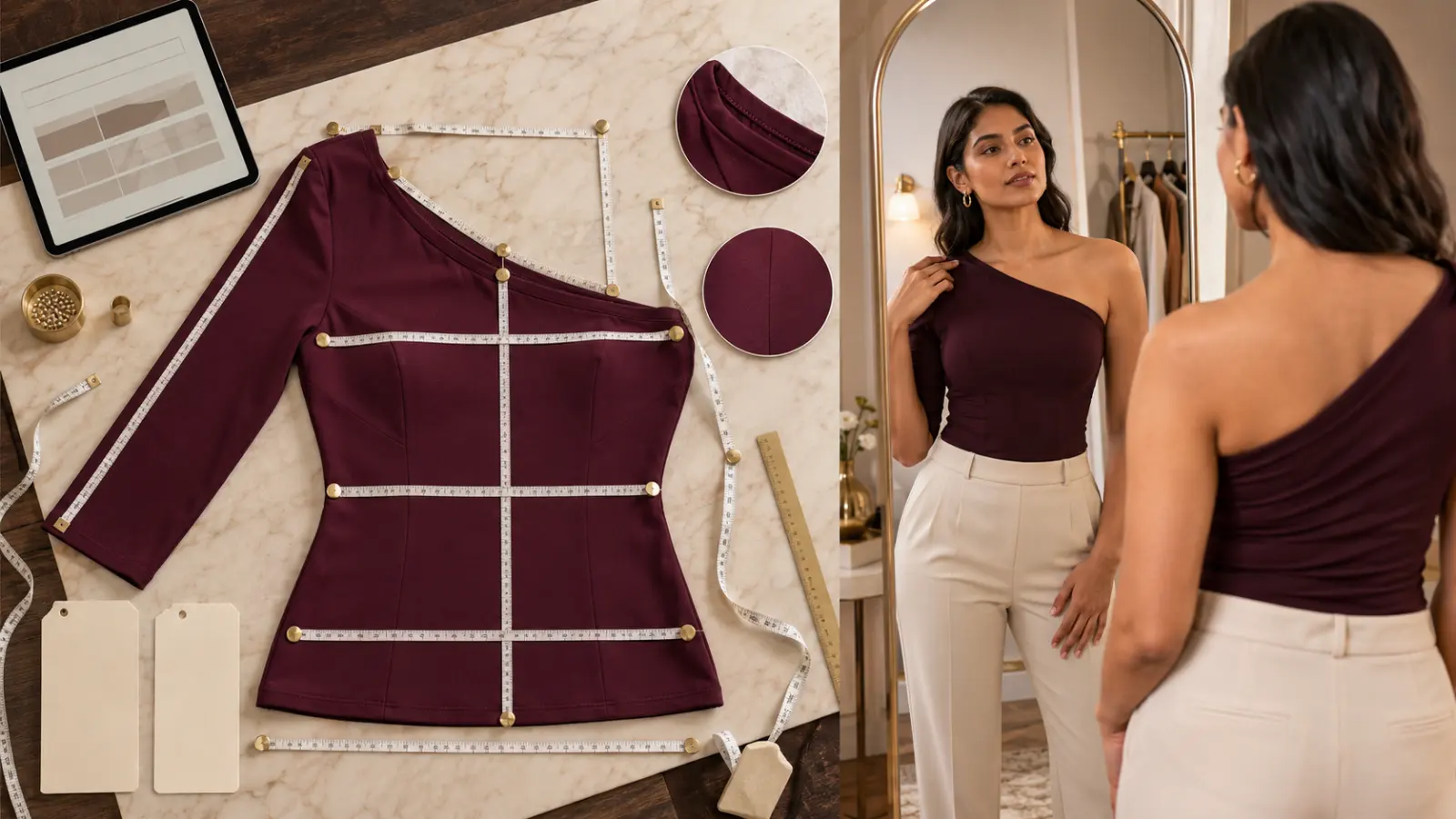 One-shoulder top sitting reaching turning and layering test for a large bust