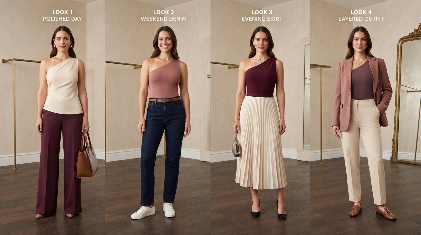Best one-shoulder tops sitting reaching turning and layering fit test