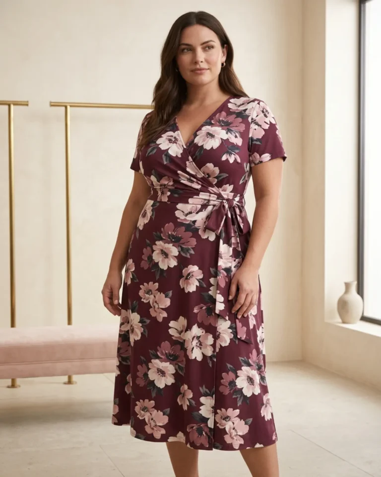 Editorial fashion example showing flattering patterns for a large bust without print distortion