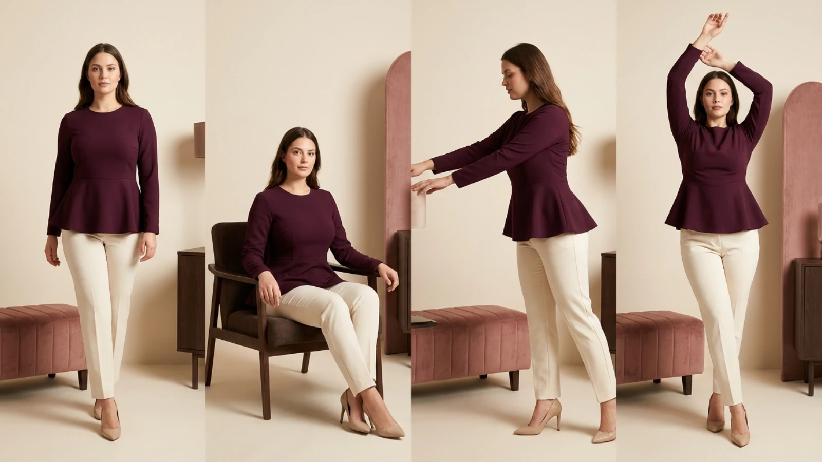 Best peplum tops movement test for a large bust while standing, sitting, and reaching