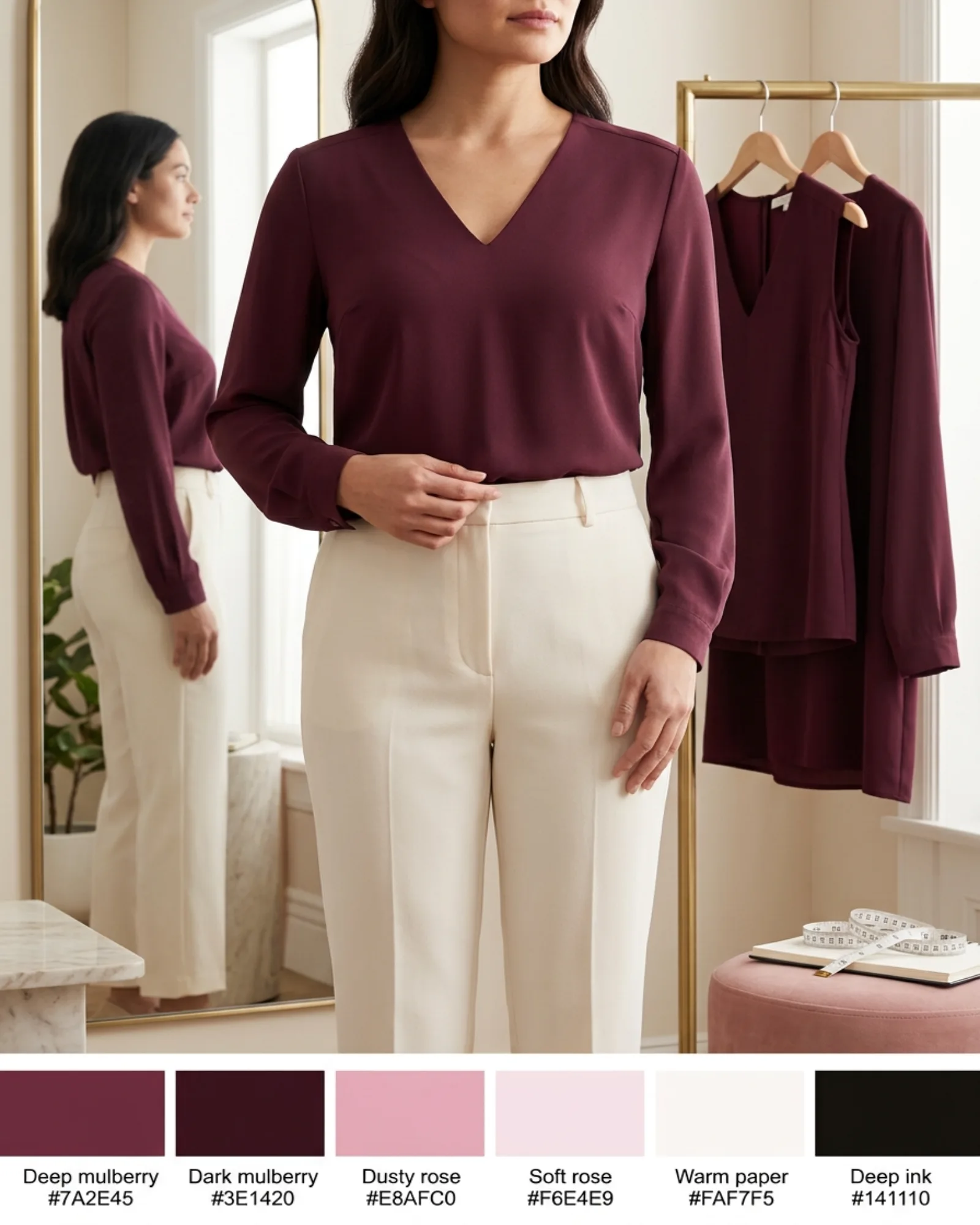 Close detail showing shorter torso lengths, waist placement, sleeve length and bust allowance