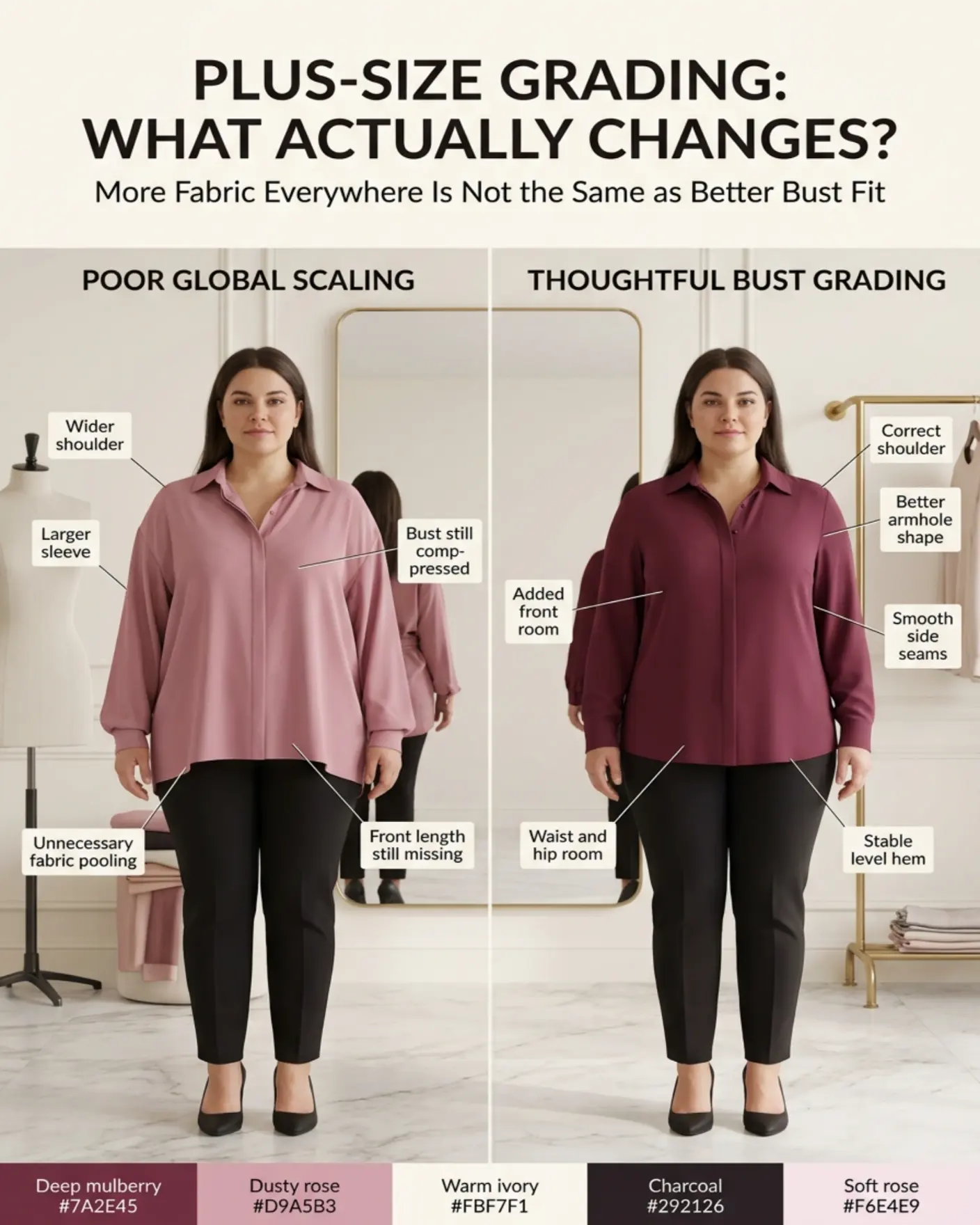 Close detail showing bust distribution, armhole shape, waist and hip grading, support and fabric stability