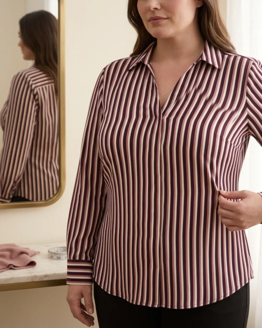 Close detail showing scale, contrast, seam alignment and fabric stretch