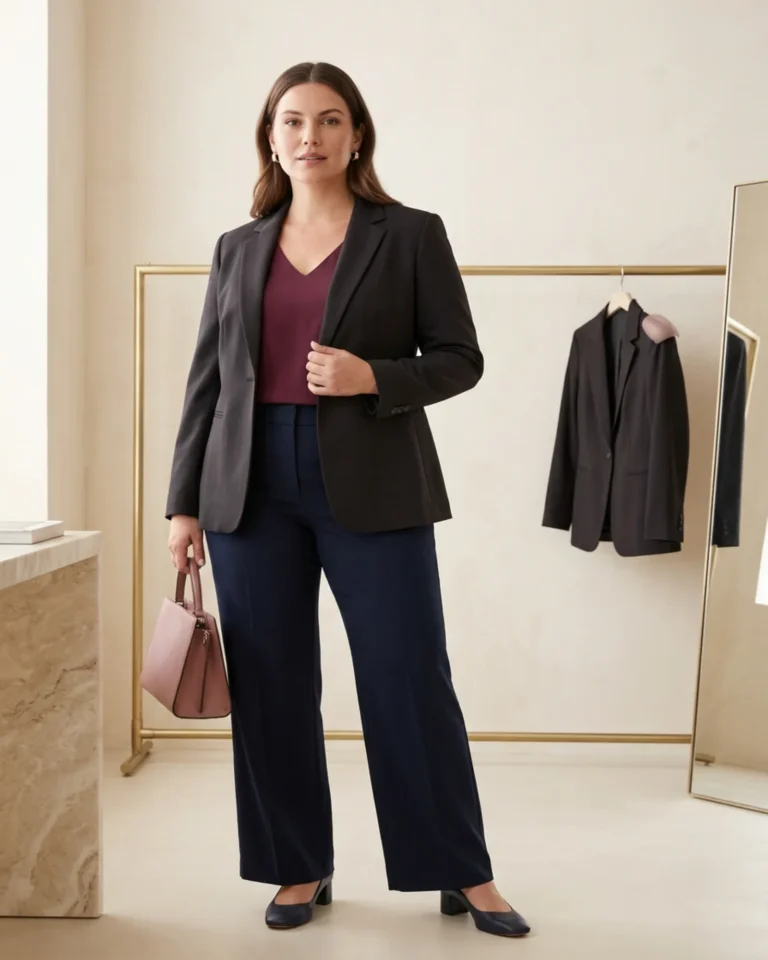 Shoulder pads and a large bust styled with a lightly structured blazer and balanced trousers
