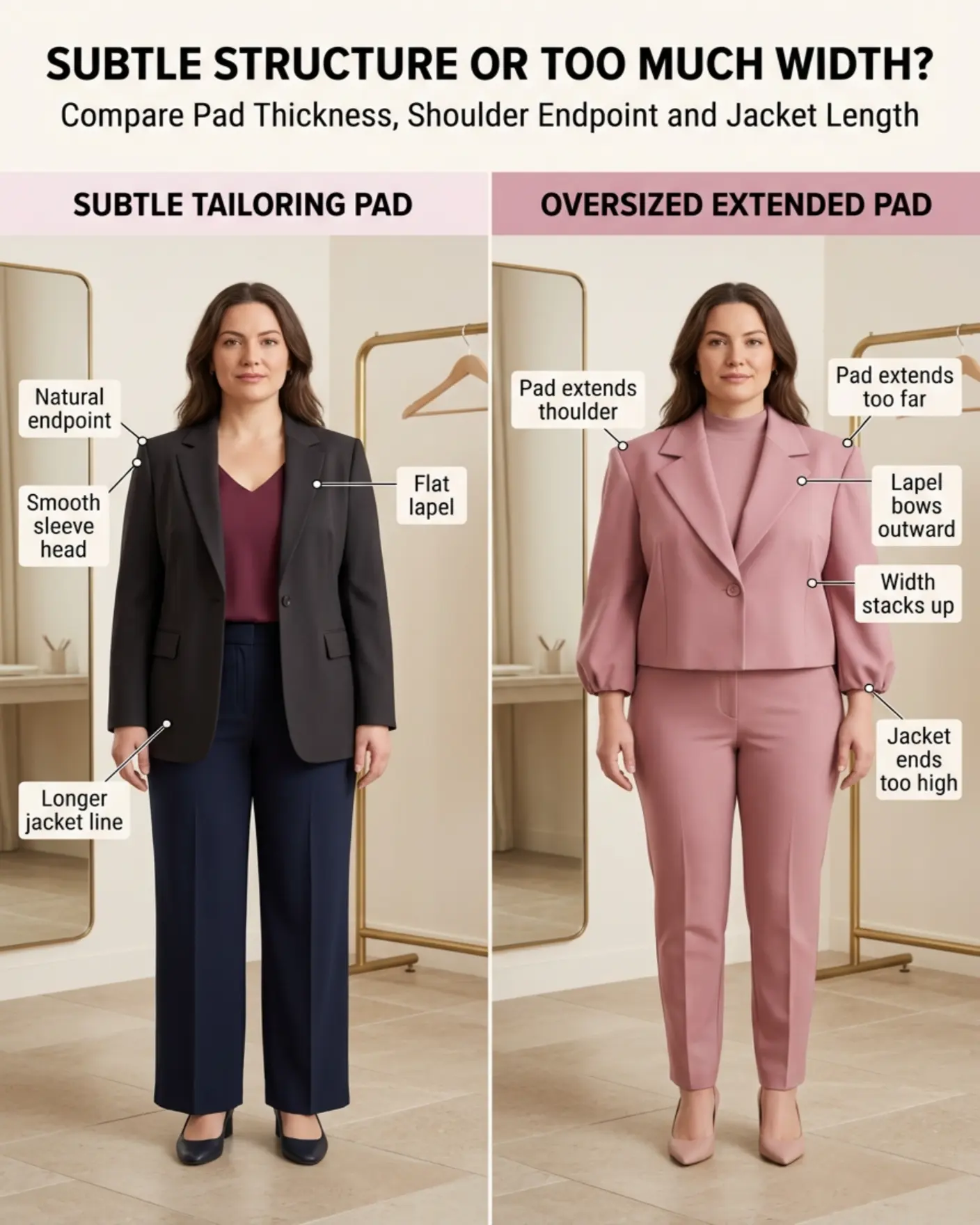 Close detail showing pad thickness, endpoint, sleeve head, lapel width and torso length