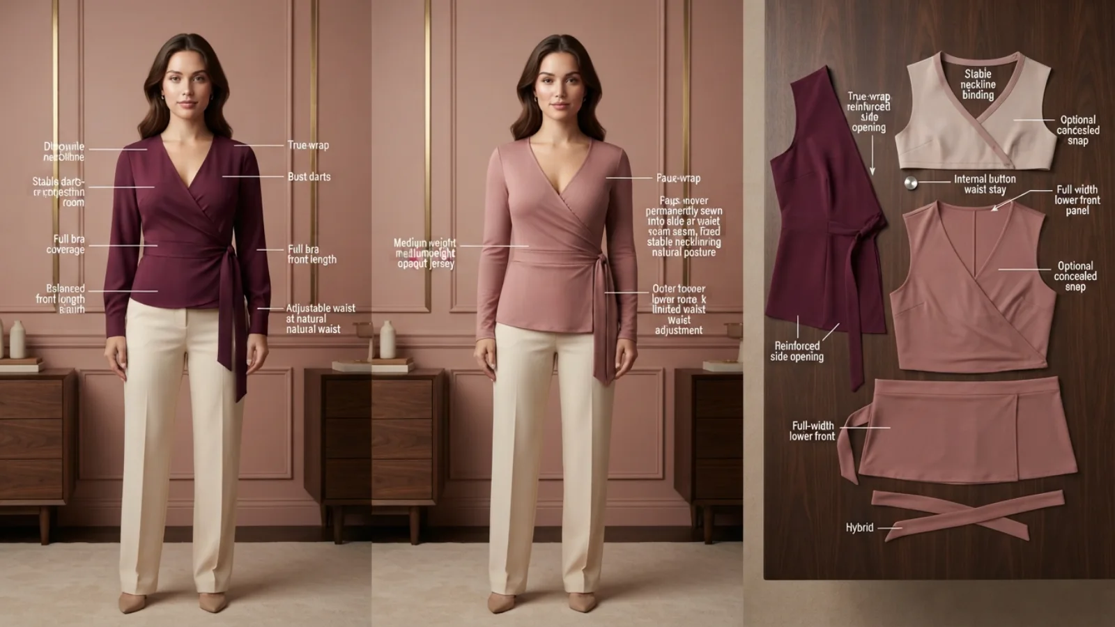 True wrap and faux wrap tops compared for fuller-bust adjustability