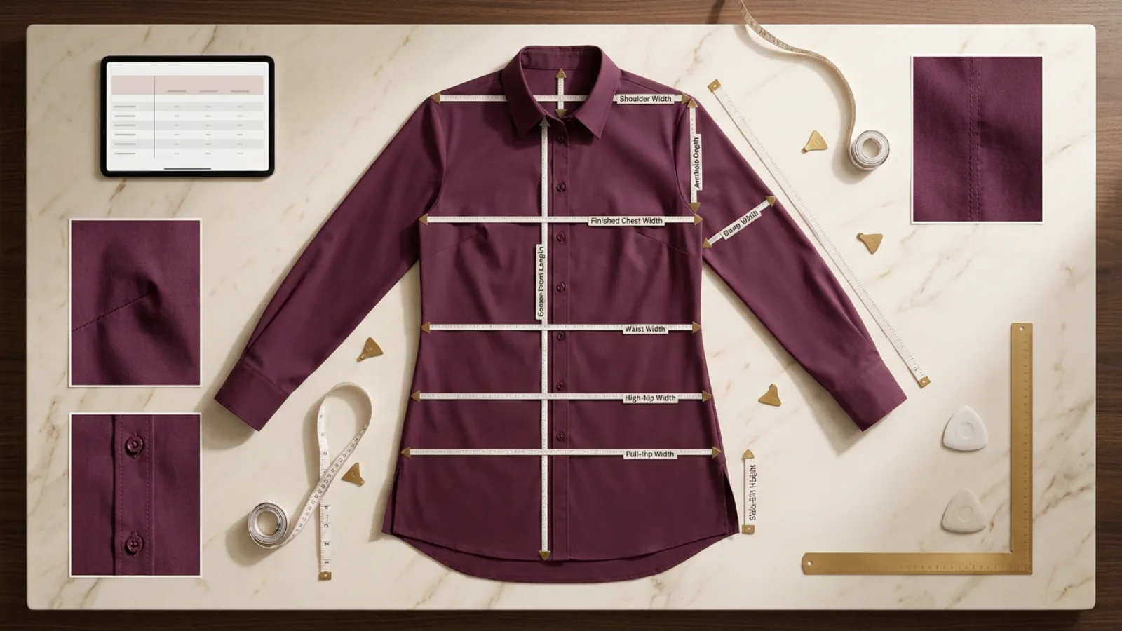 Online tunic garment measurements for bust front length hip sweep and side slits