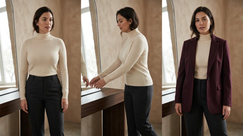 Fuller-bust turtleneck layering and movement check