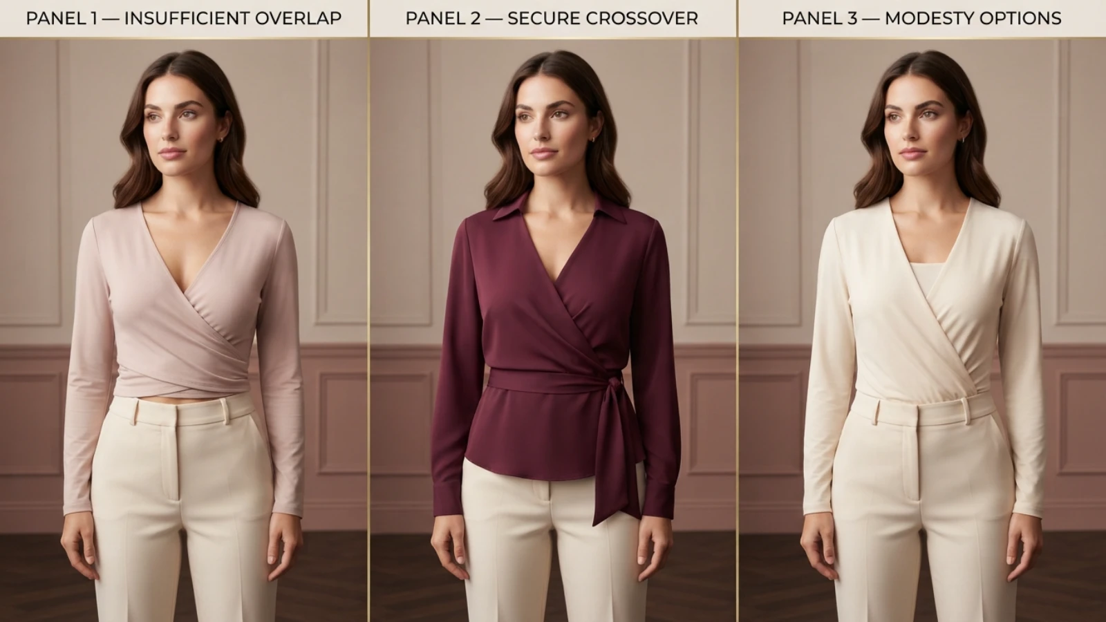 Wrap neckline coverage, bra concealment and modesty panel comparison