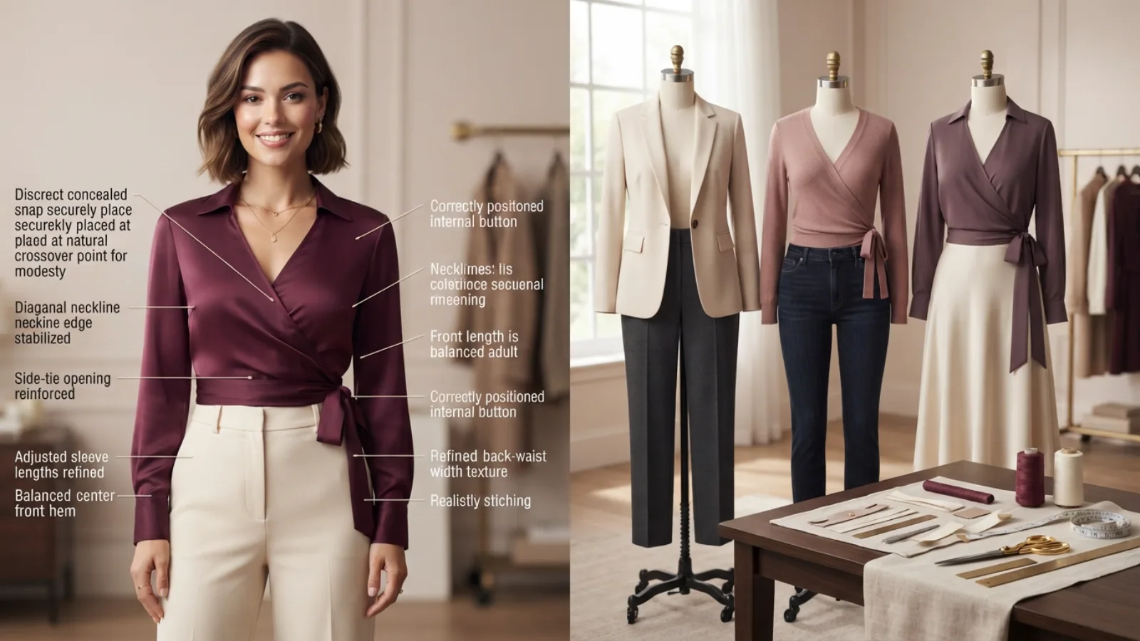 Best wrap tops online measurements for a large bust including panel overlap, tie and front length