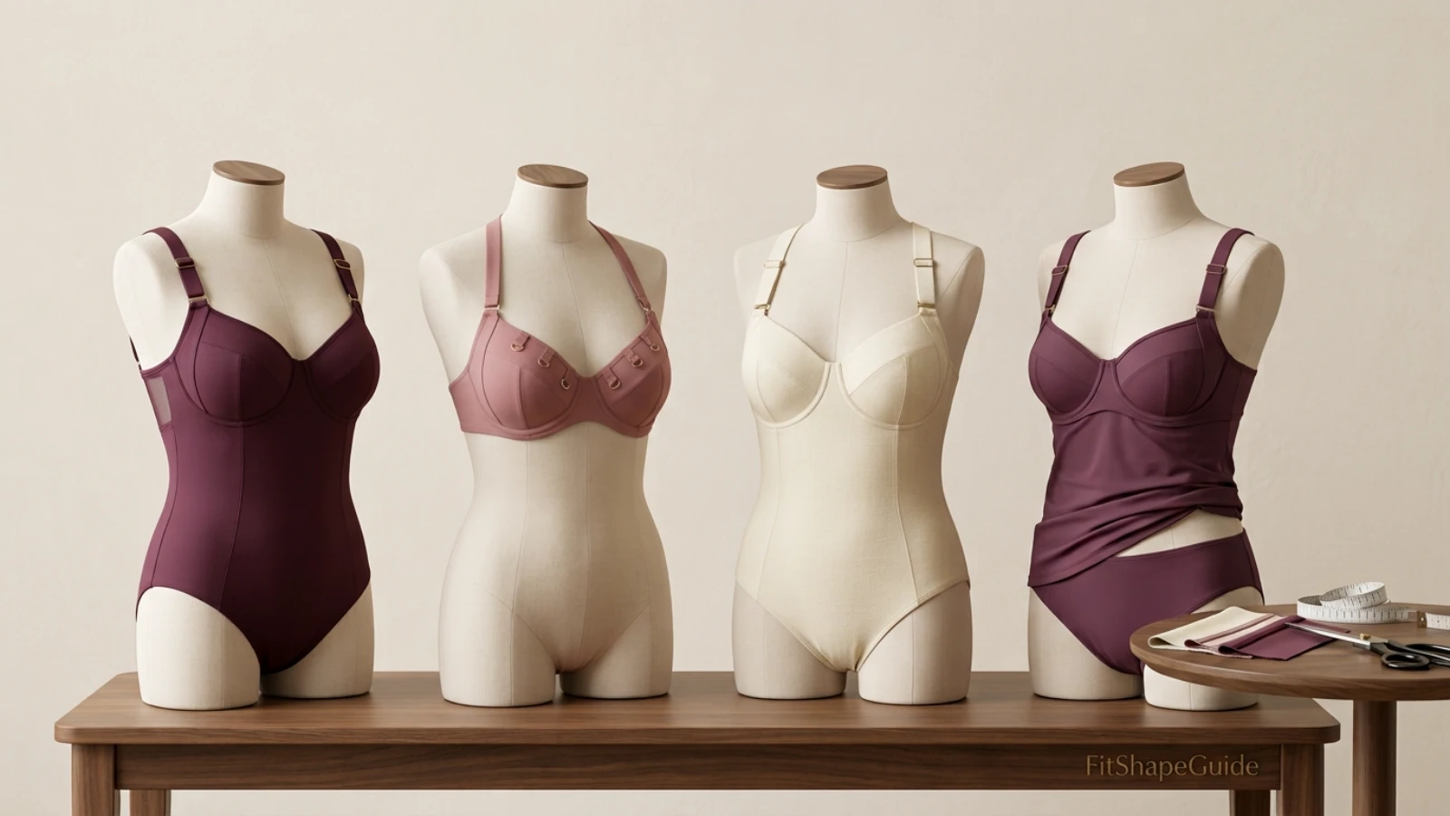 Adjustable-strap swimsuit support anatomy showing wide shoulder straps bust shaping side coverage back and underbust and back anchor