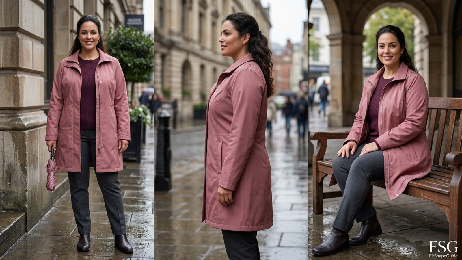 Raincoat bust depth zipper and seated fit test for a fuller bust