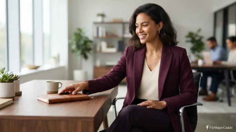 Professional woman in a secure layered office outfit with stable bra straps