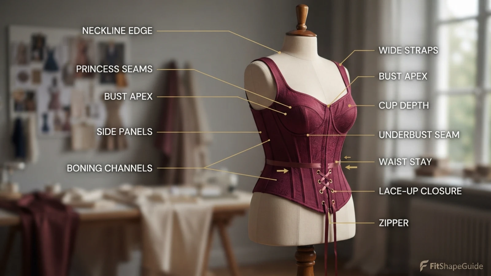 Ball gown support points for fuller busts including seams straps and waist stay