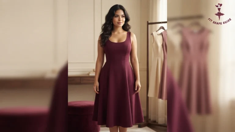 A young Latina woman, 20–22, wearing a deep-mulberry princess-seam A-line midi dress with shaped bust room and a balanced hem.